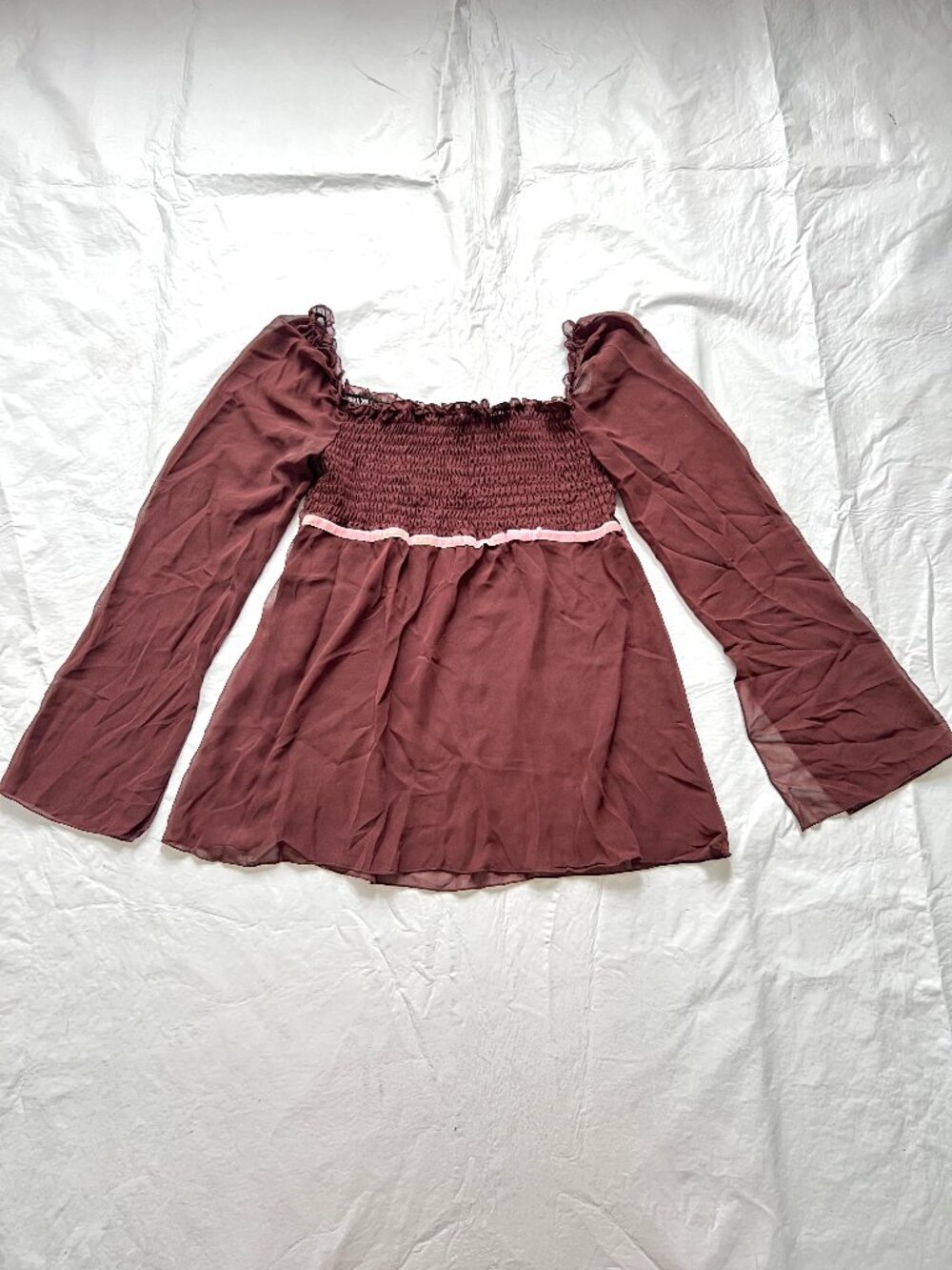 y2k top chocolate brown pink sheer Large flowy long sleeves smocked babydoll